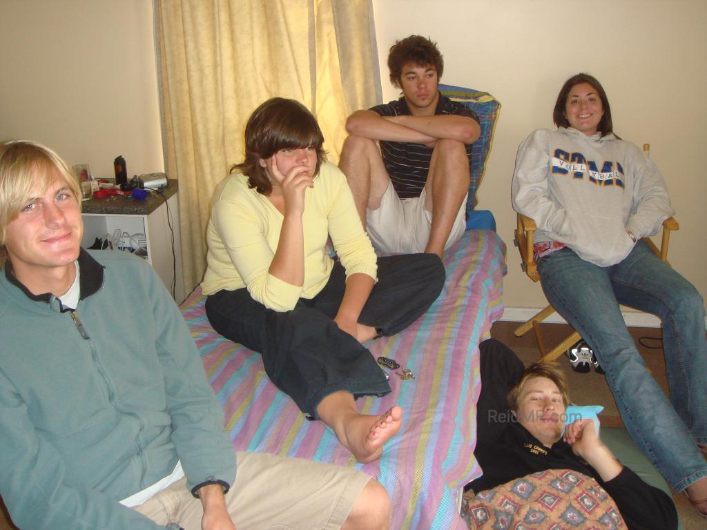 Sitting in Duncan's room, a typical scene with people sitting on his bed and floor.