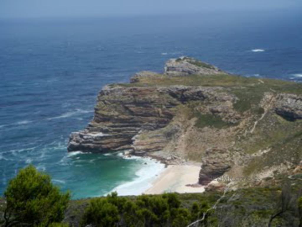 Cape of Good Hope, at Cape Point. Mountainous and rocky overview with ocean in background.