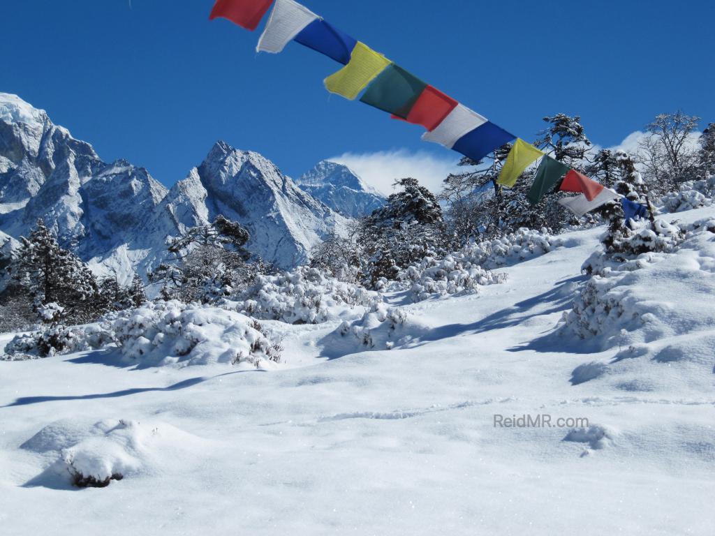 View of Mt. Everest with prayer flags in foreground