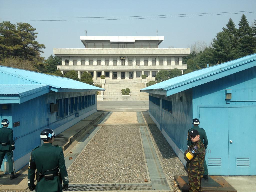 Panmungak building in North Korea, with the Blue Buildings on the border