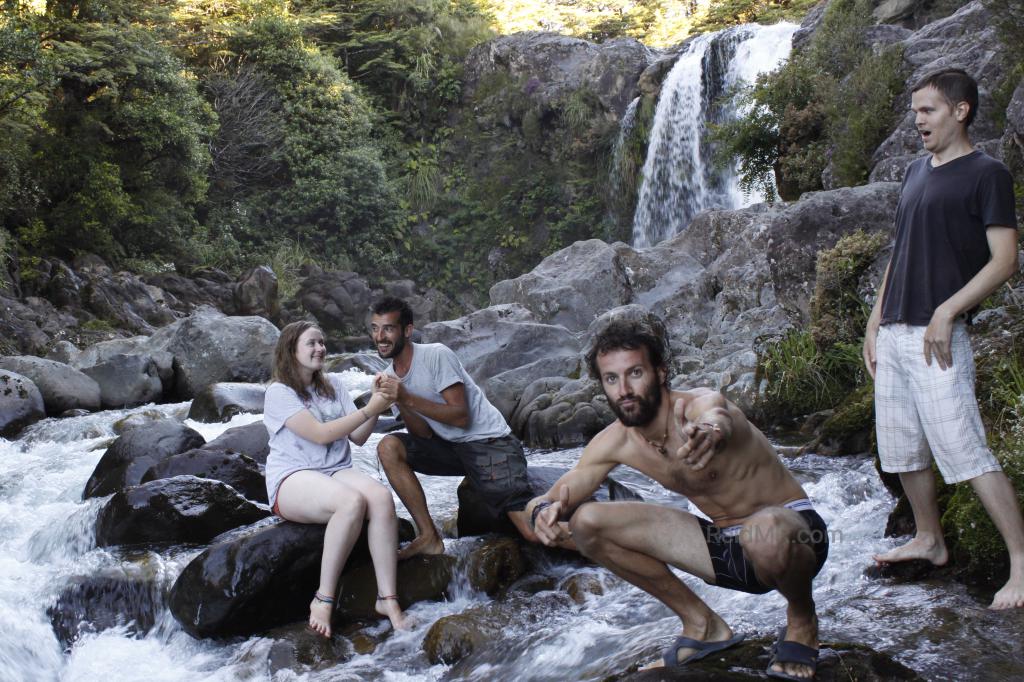 Sophie, Nico, Alberto, and I posed for a silly photo with a waterfall in the background. Image copyright 2013 Alberto Rada, used with permission.